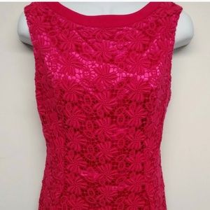 Tahari Cocktail Dress 6 Hot Pink Allover Lace Sleeveless Knee Round Neck Lined